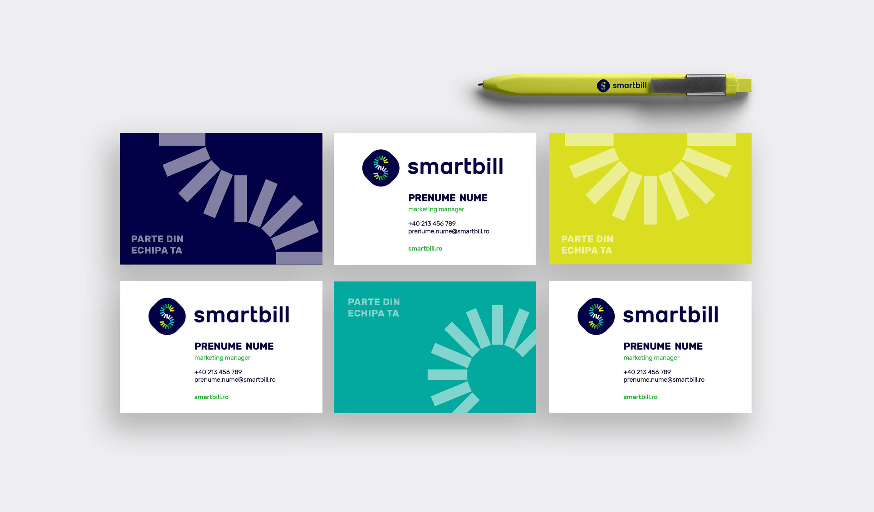 business cards and a branded pen