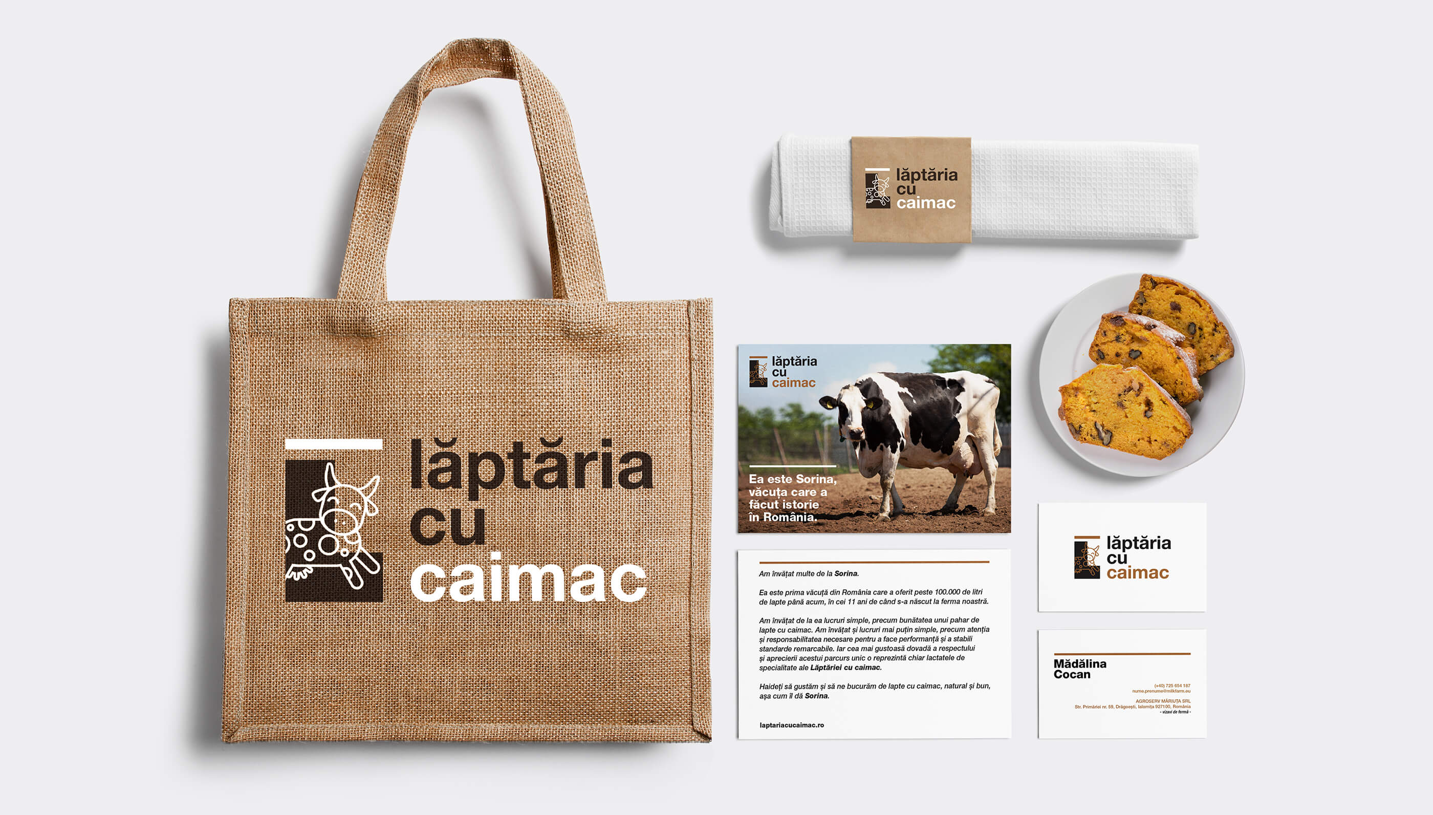 branded bag, tea towel, event invitation, business card and cake