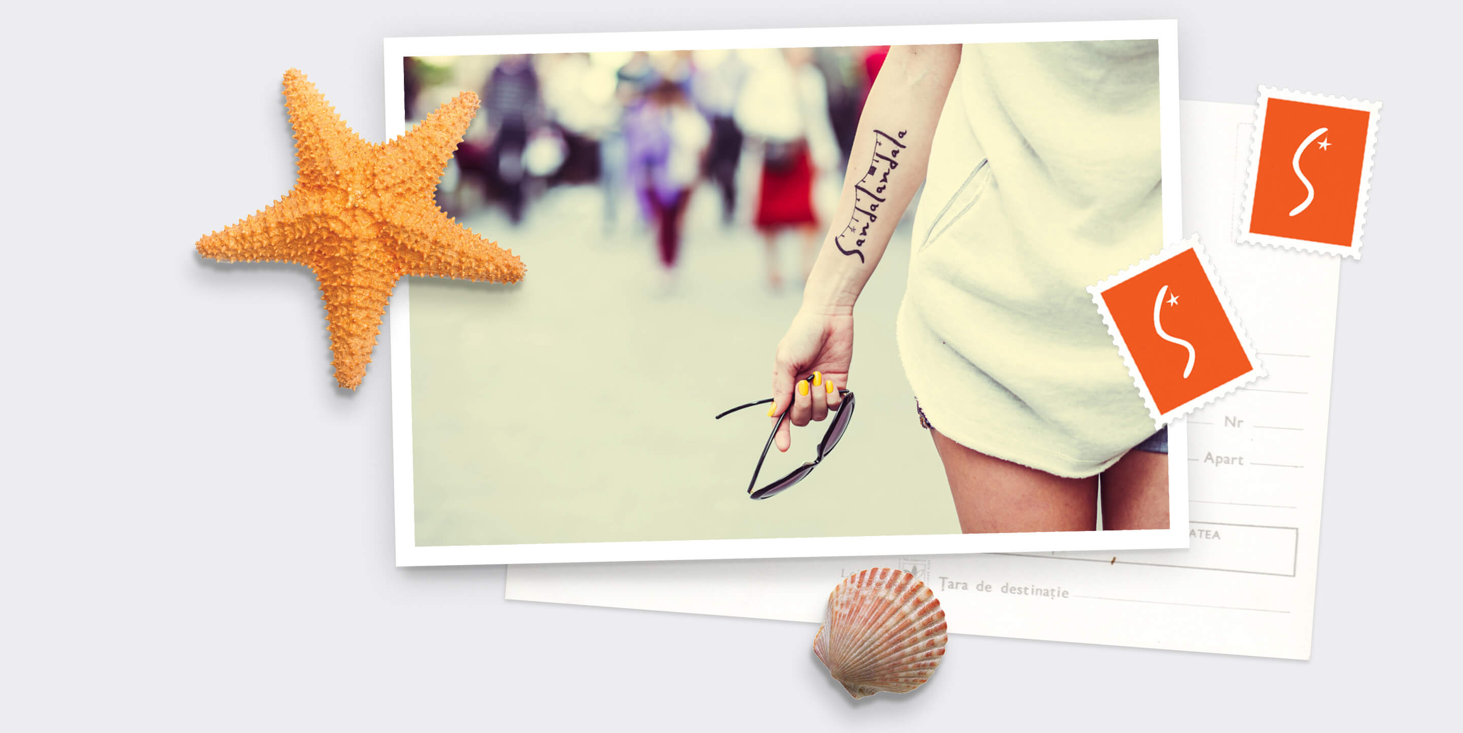 Postcard with Sandalandala logo tattoo on girl
