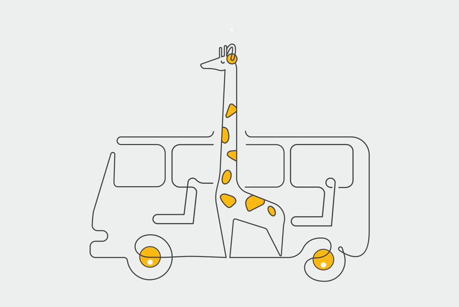 Recruitment ad: Illustration with giraffe sitting on a bus